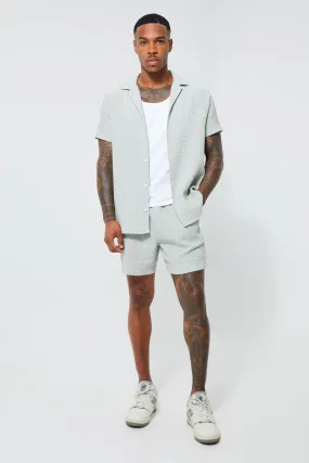 Short Sleeve Revere Textured Shirt & Short Set | boohooMAN UK