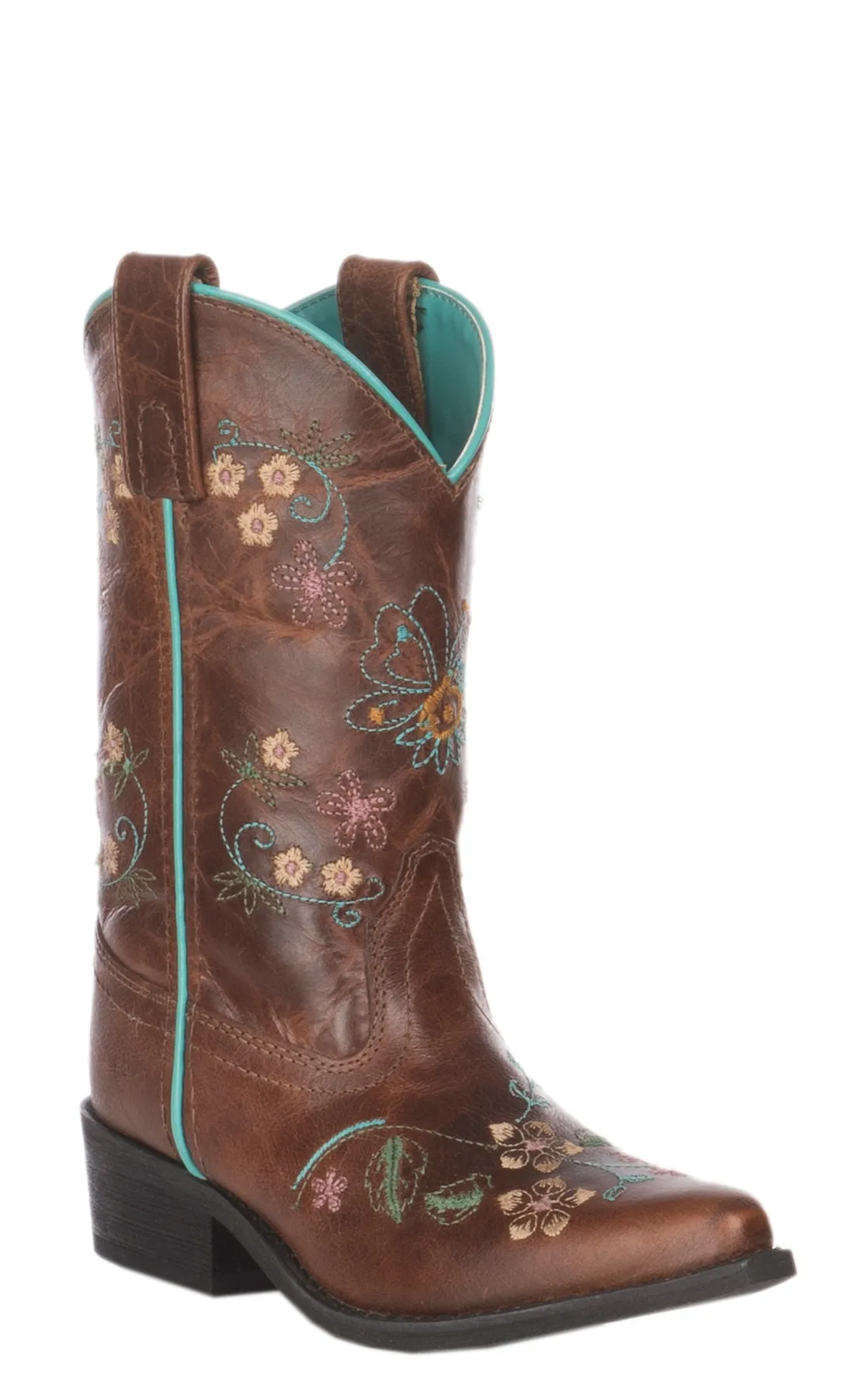 Smoky Mountain Kids Antique Tan with Floral Embroidery Leather Snip Toe Boot