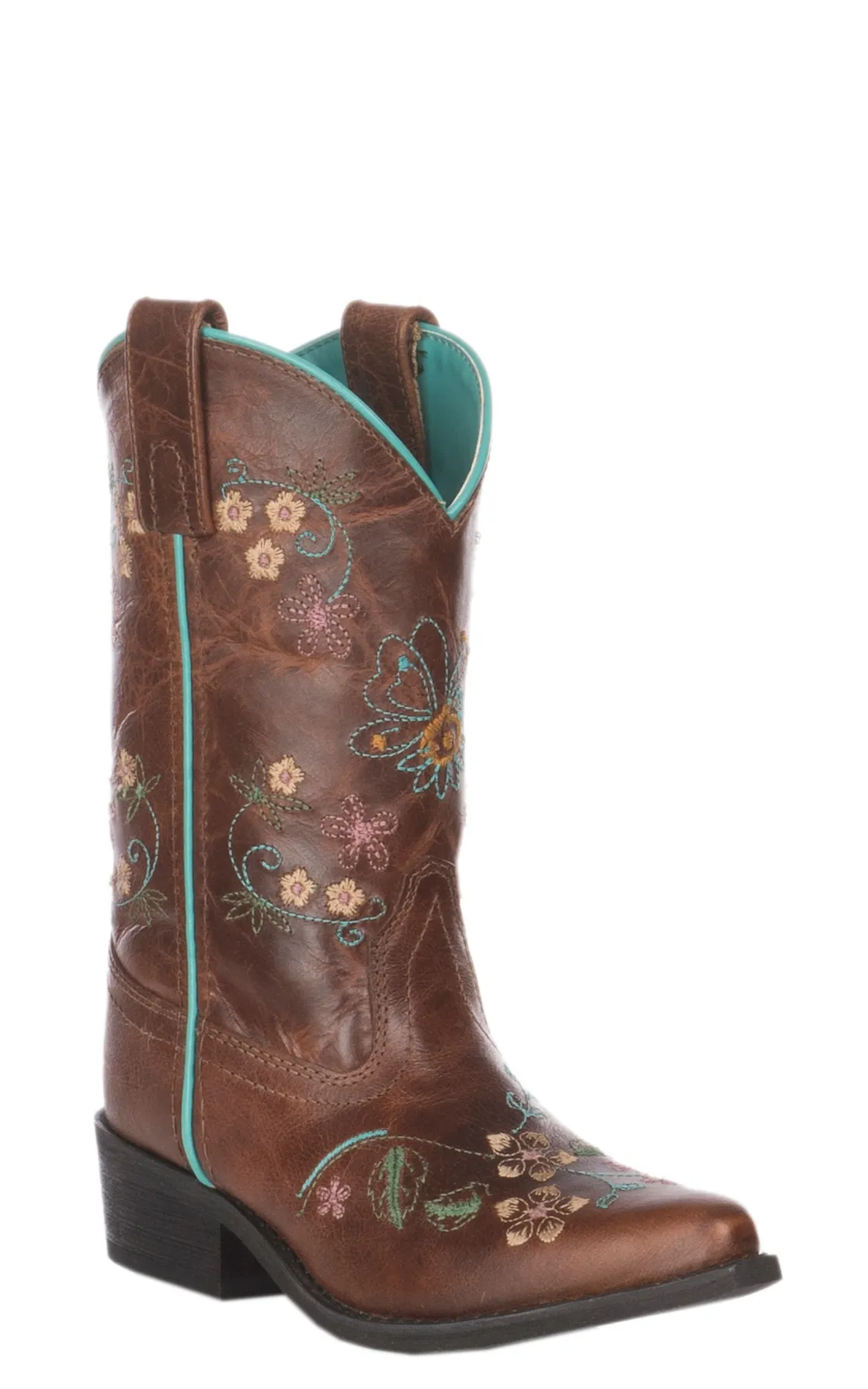 Smoky Mountain Youth Antique Tan with Floral Embroidery Leather Snip Toe Boot