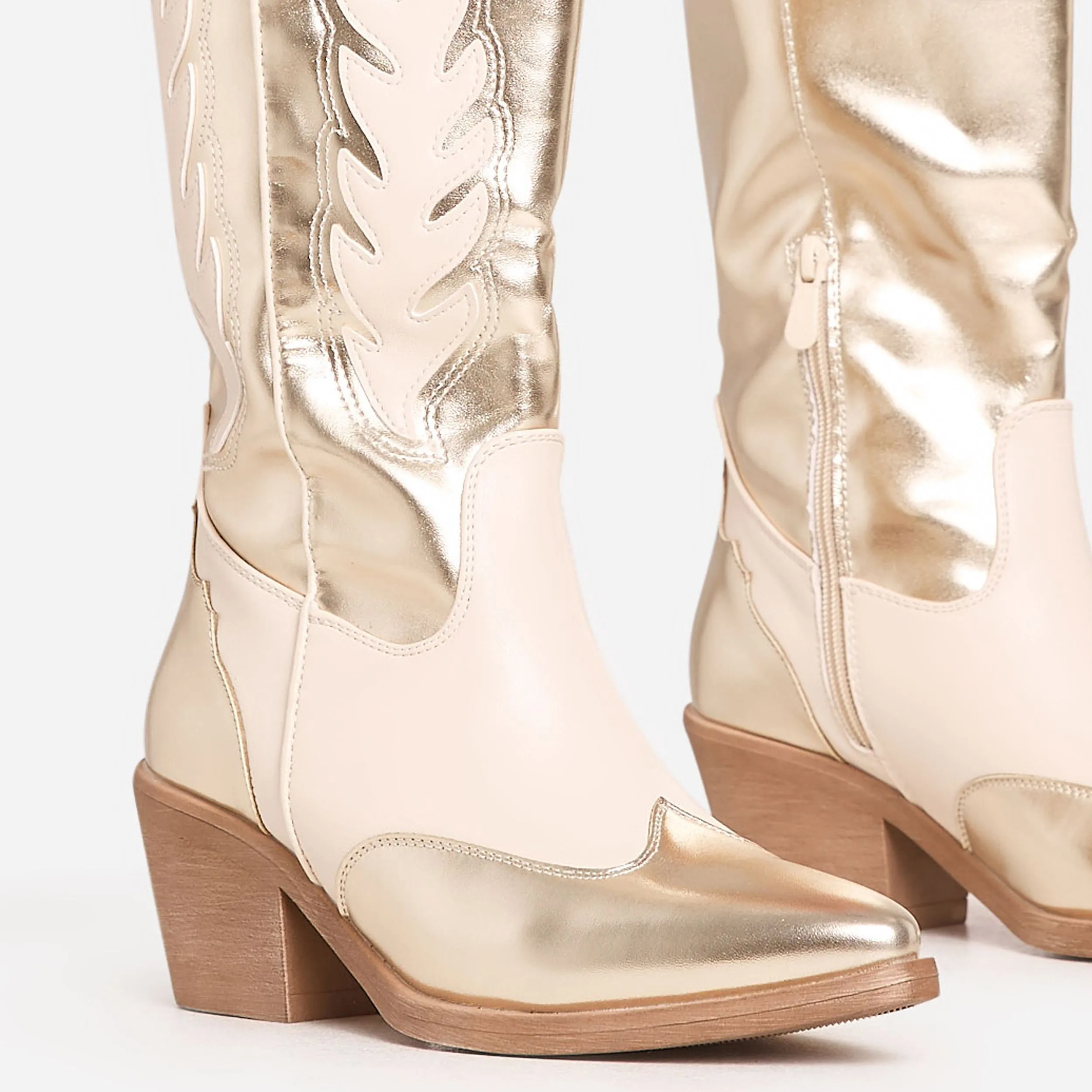 Sparrow Embroidered Detail Pointed Toe Mid Calf Western Cowboy Boot In Gold Faux Leather