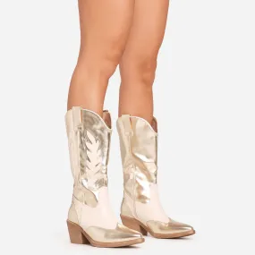 Sparrow Embroidered Detail Pointed Toe Mid Calf Western Cowboy Boot In Gold Faux Leather