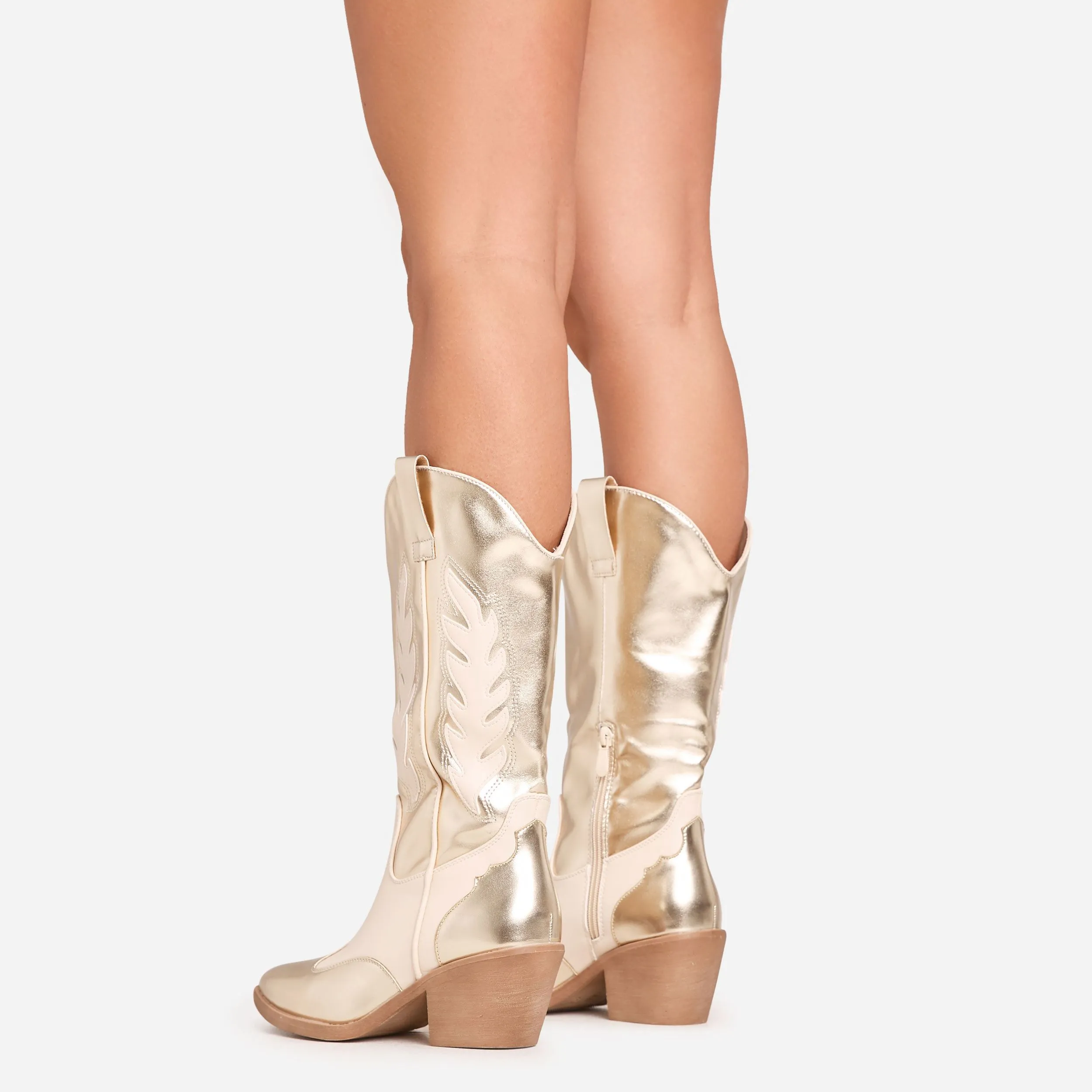 Sparrow Embroidered Detail Pointed Toe Mid Calf Western Cowboy Boot In Gold Faux Leather