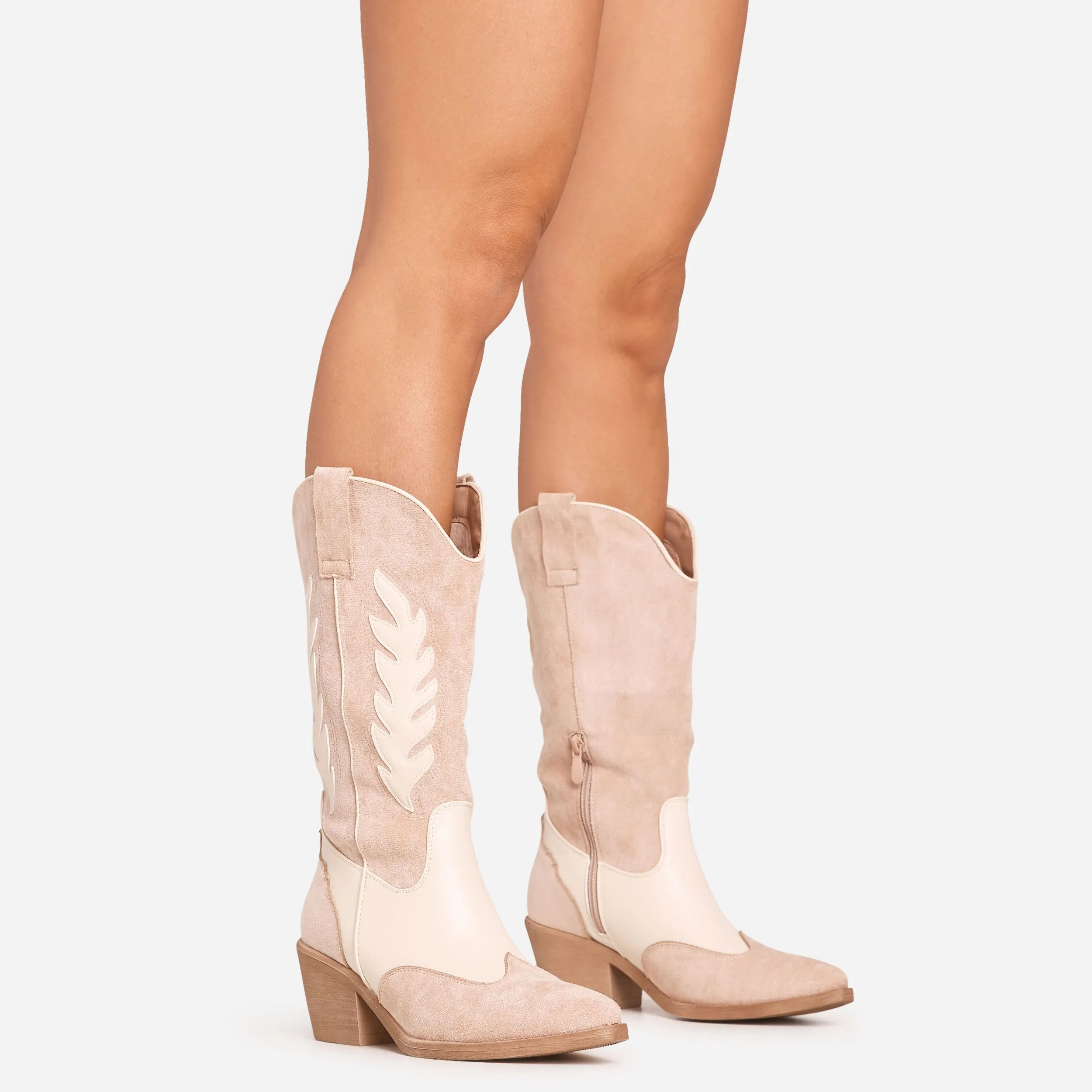 Sparrow Embroidered Detail Pointed Toe Mid Calf Western Cowboy Boot In Nude Faux Leather