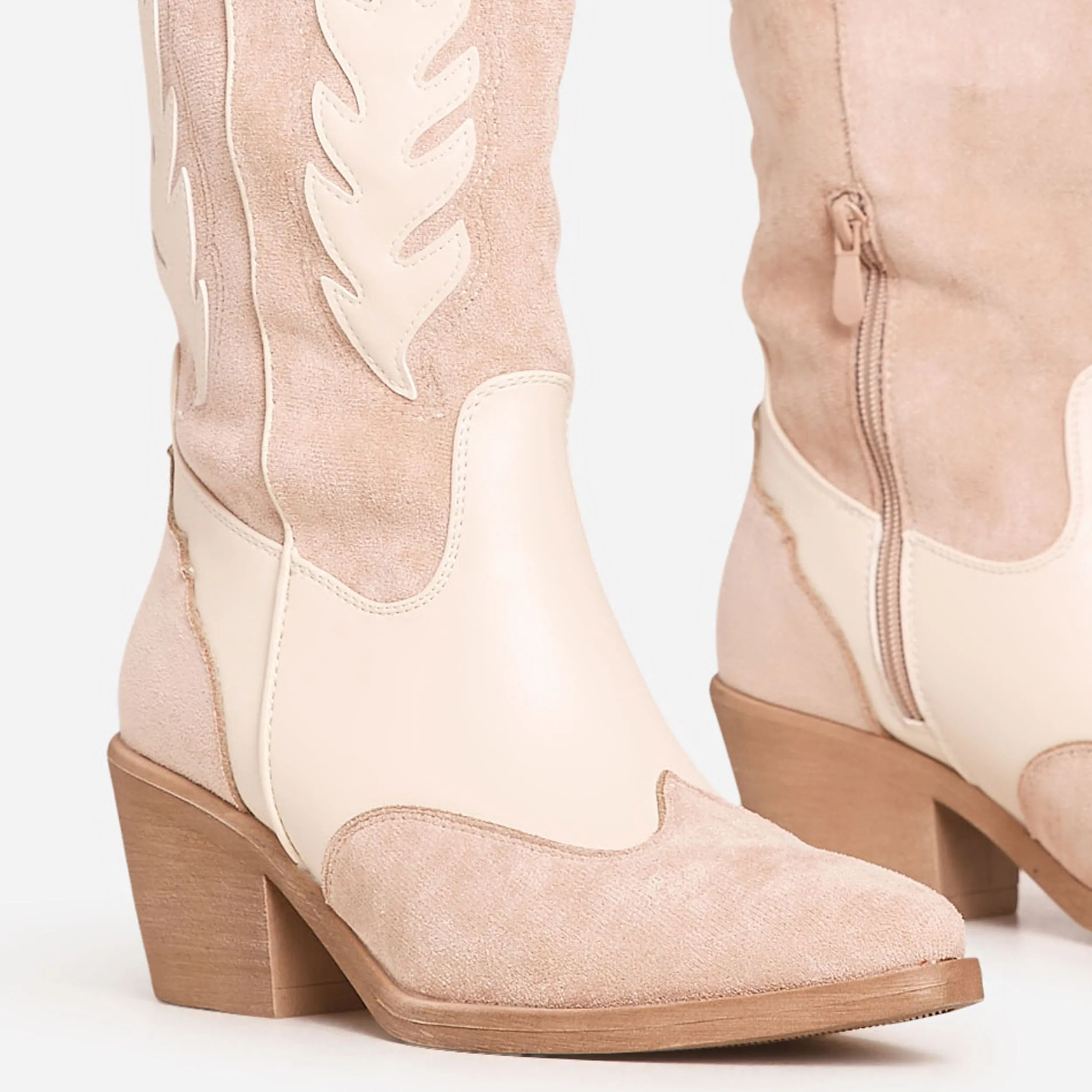 Sparrow Embroidered Detail Pointed Toe Mid Calf Western Cowboy Boot In Nude Faux Leather