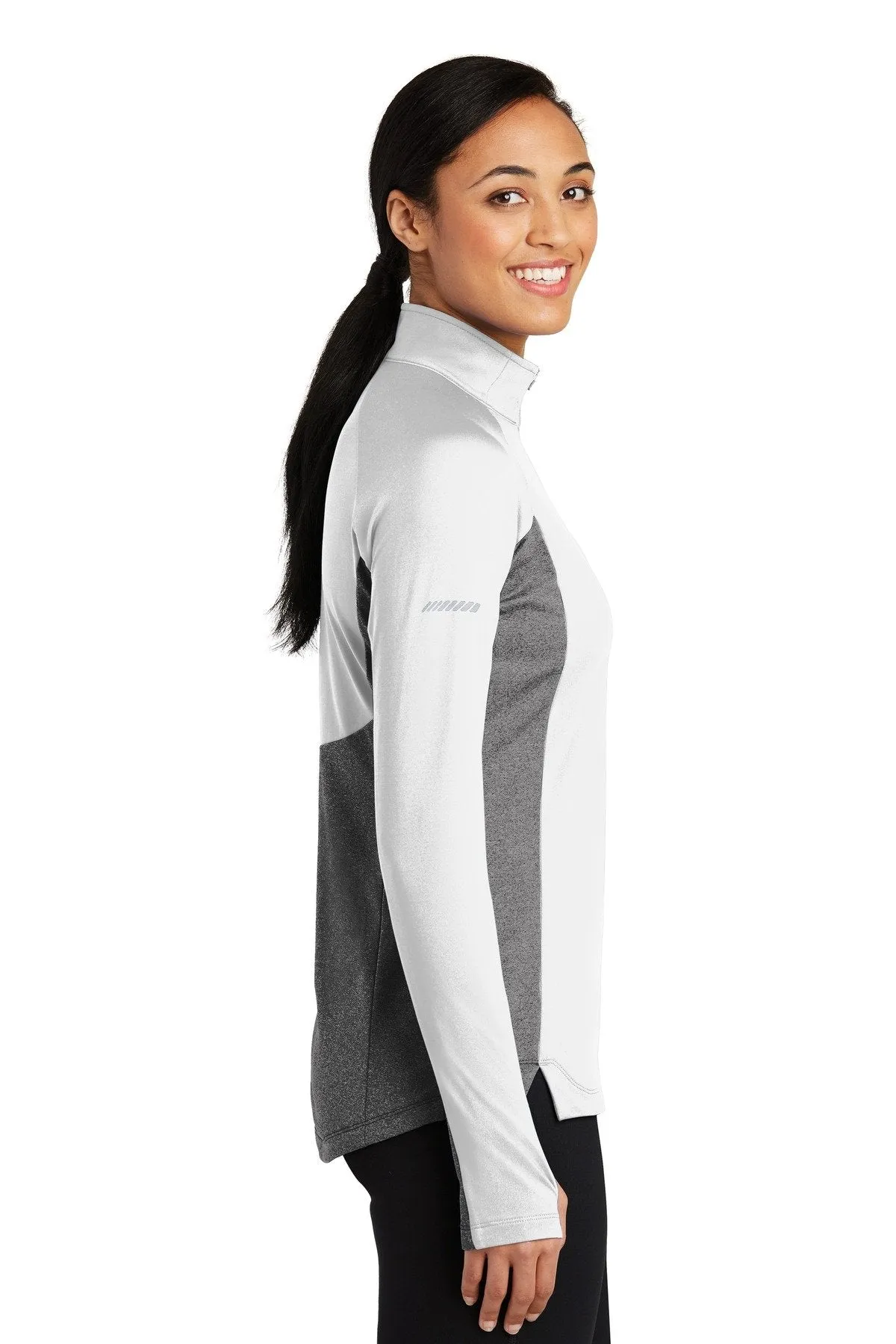 Sport-Tek Ladies Sport-Wick Stretch Contrast 1/2-Zip Pullover LST854 White/ Charcoal Grey Heather