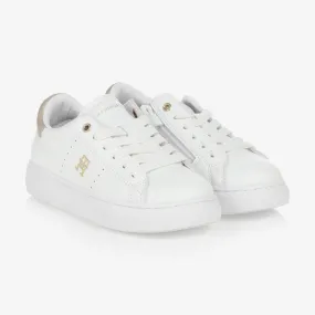 Teen Girls White & Gold Monogram Trainers