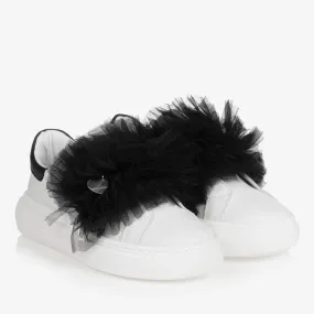 Teen Girls White Leather & Black Tulle Trainers