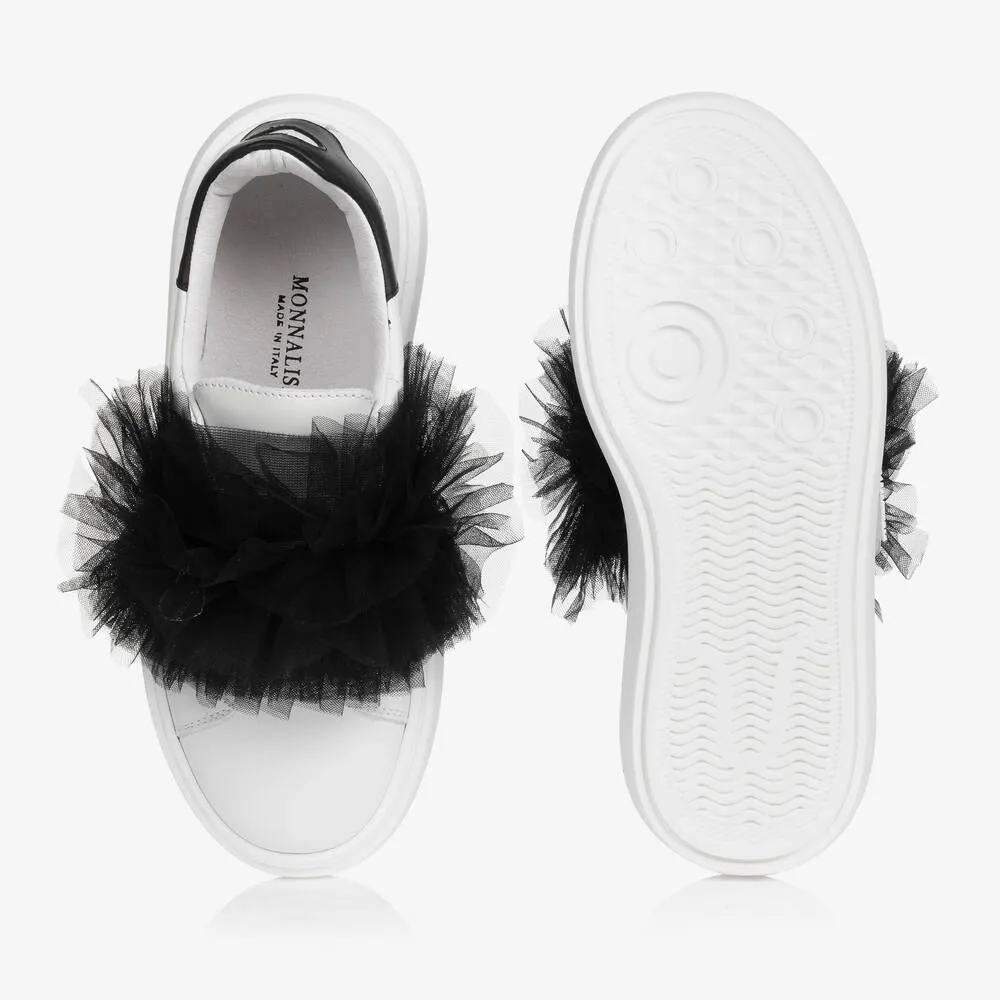 Teen Girls White Leather & Black Tulle Trainers