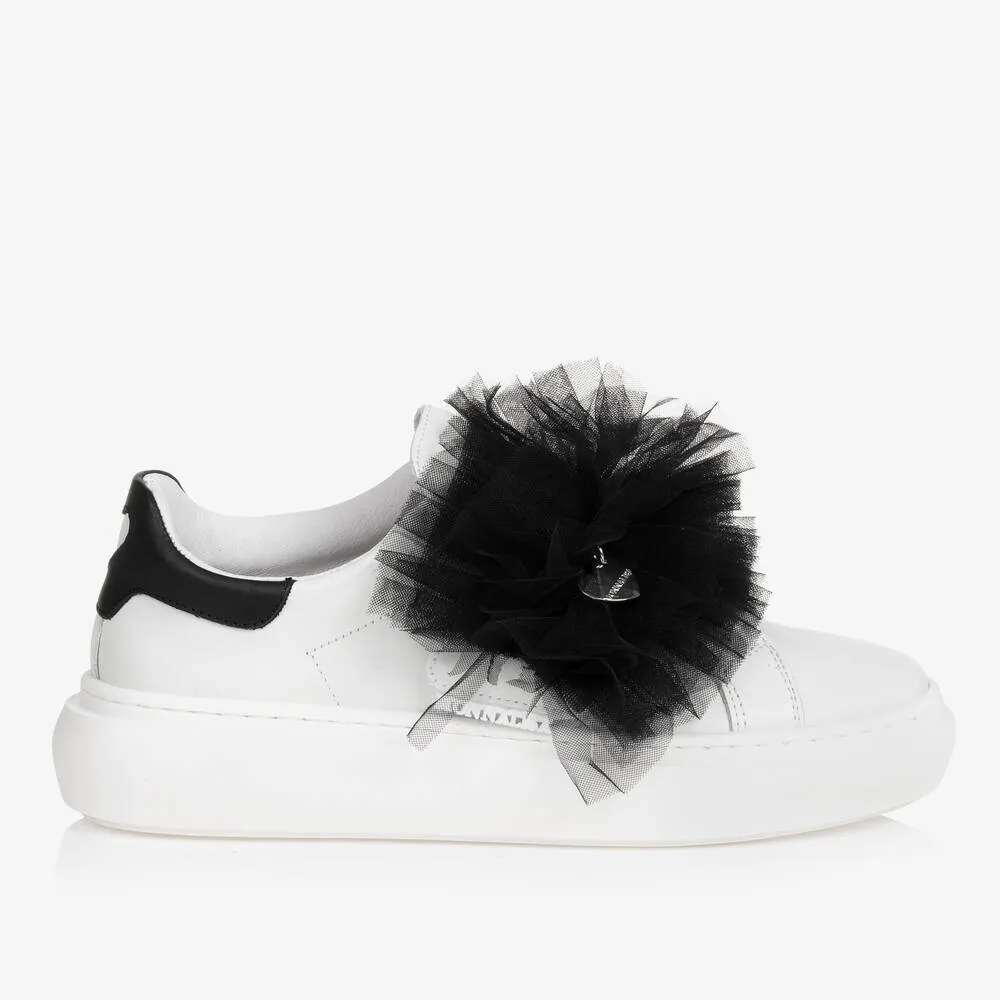 Teen Girls White Leather & Black Tulle Trainers