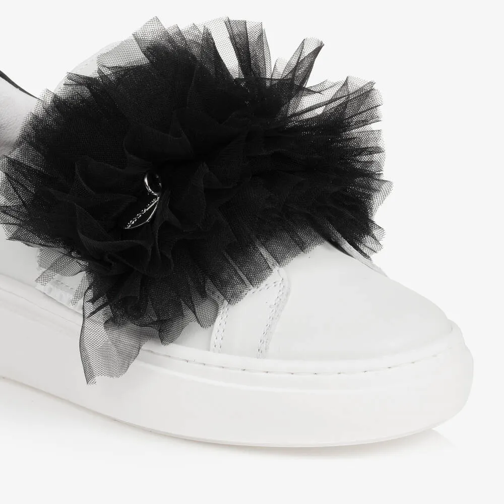 Teen Girls White Leather & Black Tulle Trainers