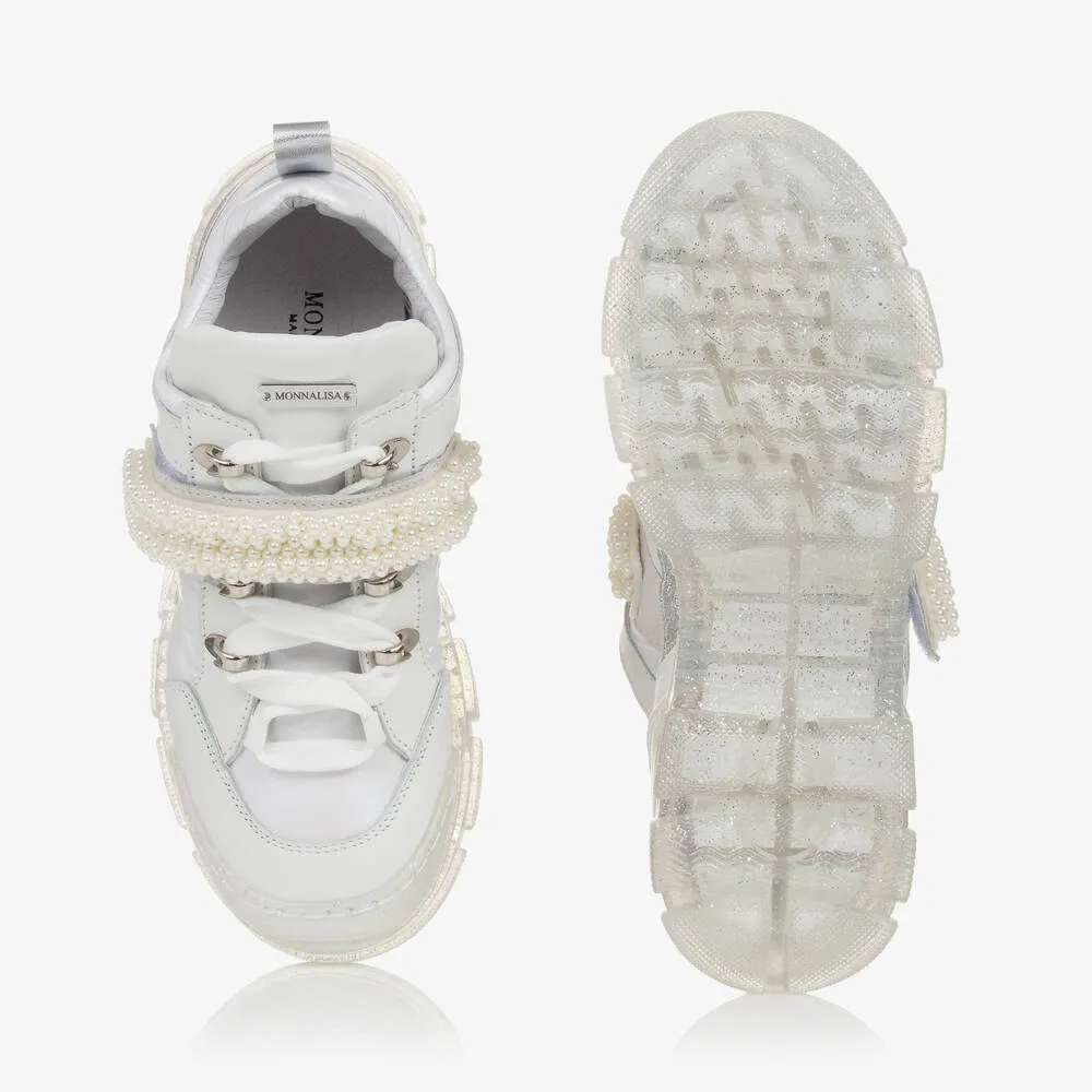 Teen Girls White Leather & Pearl Trainers