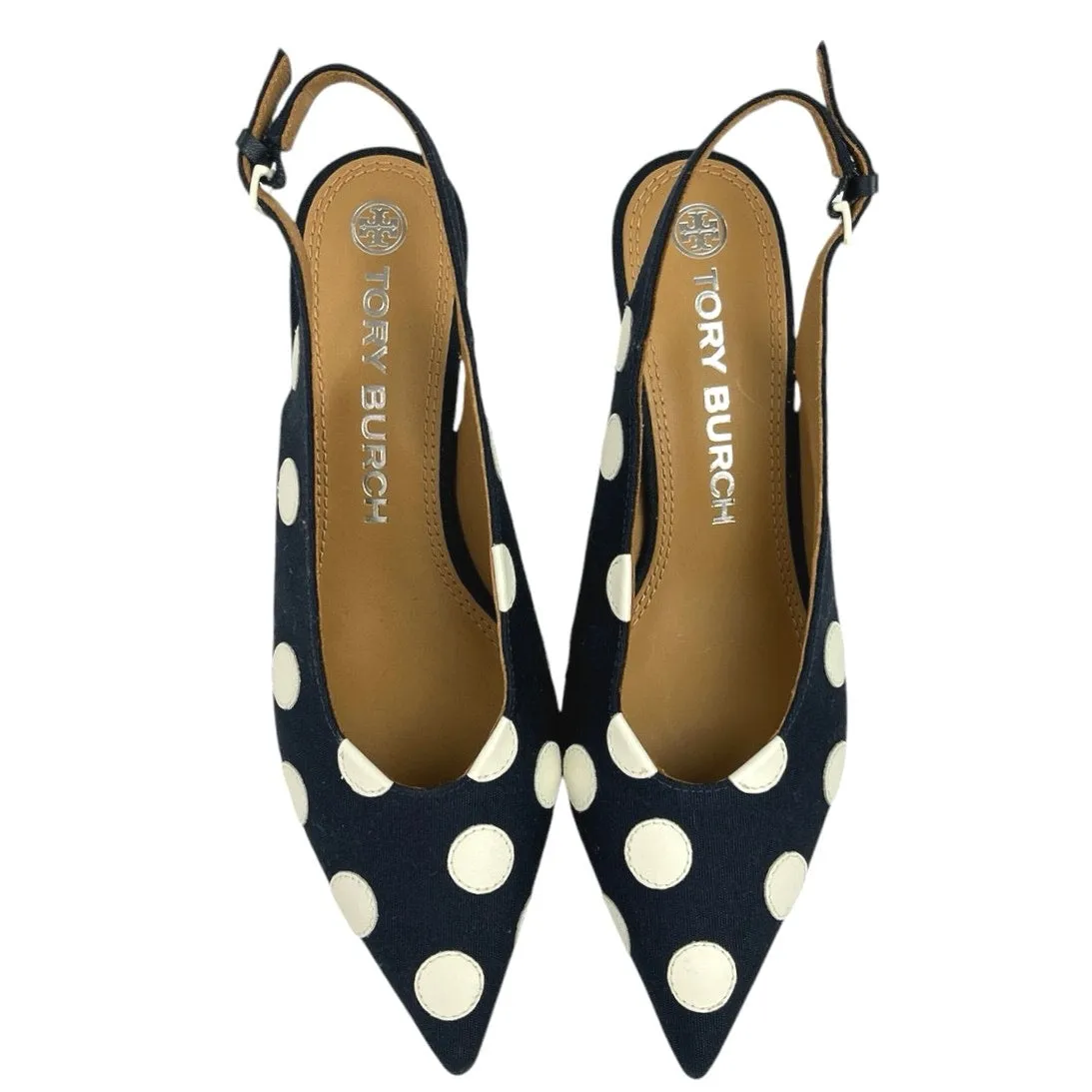 Tory Burch Spencer Navy Blue Polka Dots Canvas Leather Slingback Pumps Shoes 8M