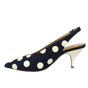 Tory Burch Spencer Navy Blue Polka Dots Canvas Leather Slingback Pumps Shoes 8M