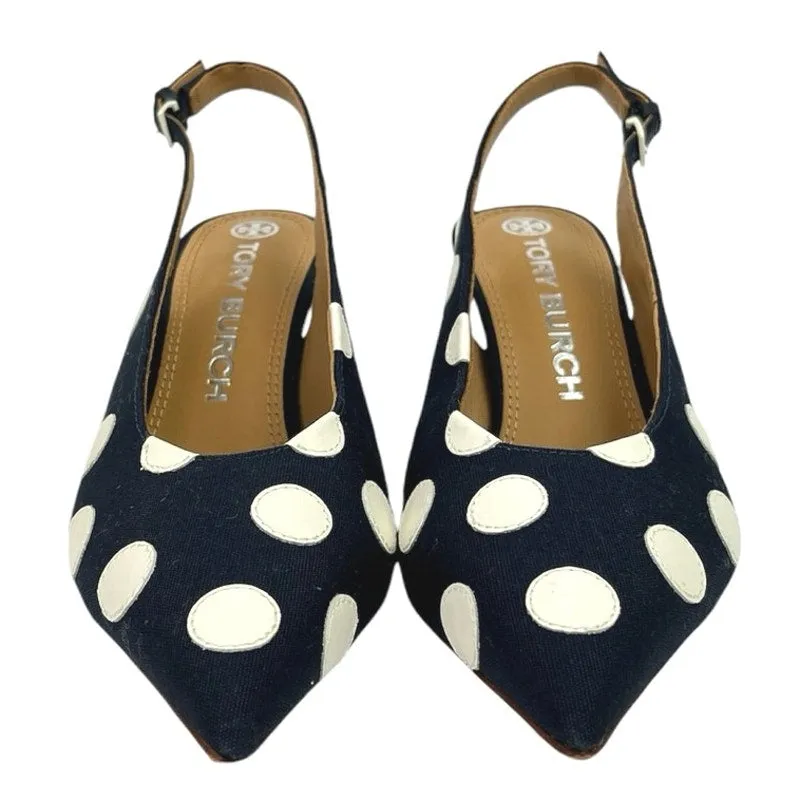 Tory Burch Spencer Navy Blue Polka Dots Canvas Leather Slingback Pumps Shoes 8M