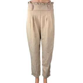 Zara Cream Beige Pleated Cuffed Tapered Leg Paperbag Crop Ankle Trousers Pants M