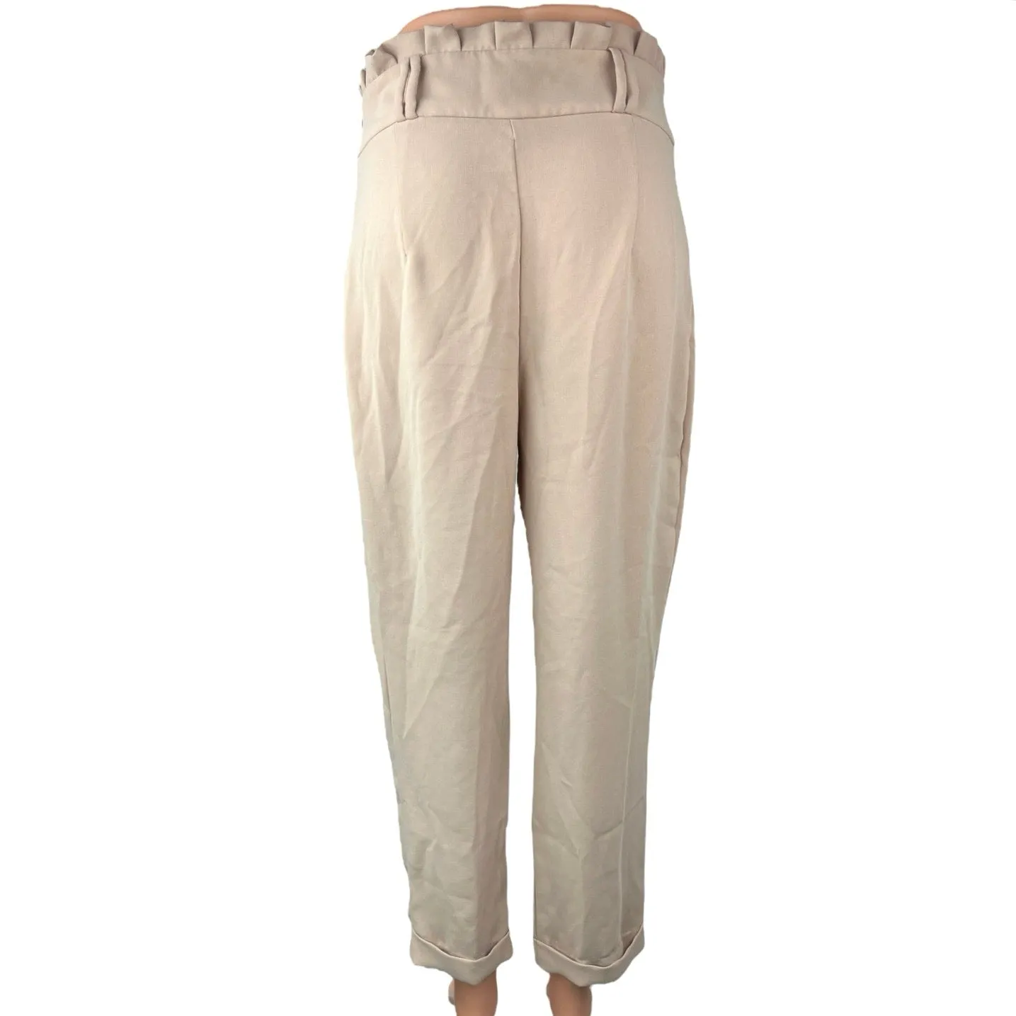 Zara Cream Beige Pleated Cuffed Tapered Leg Paperbag Crop Ankle Trousers Pants M